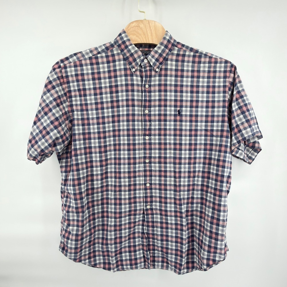Ralph Lauren Sport Button Down Shirt Mens XXL Blue Red White Plaid Short Sleeve